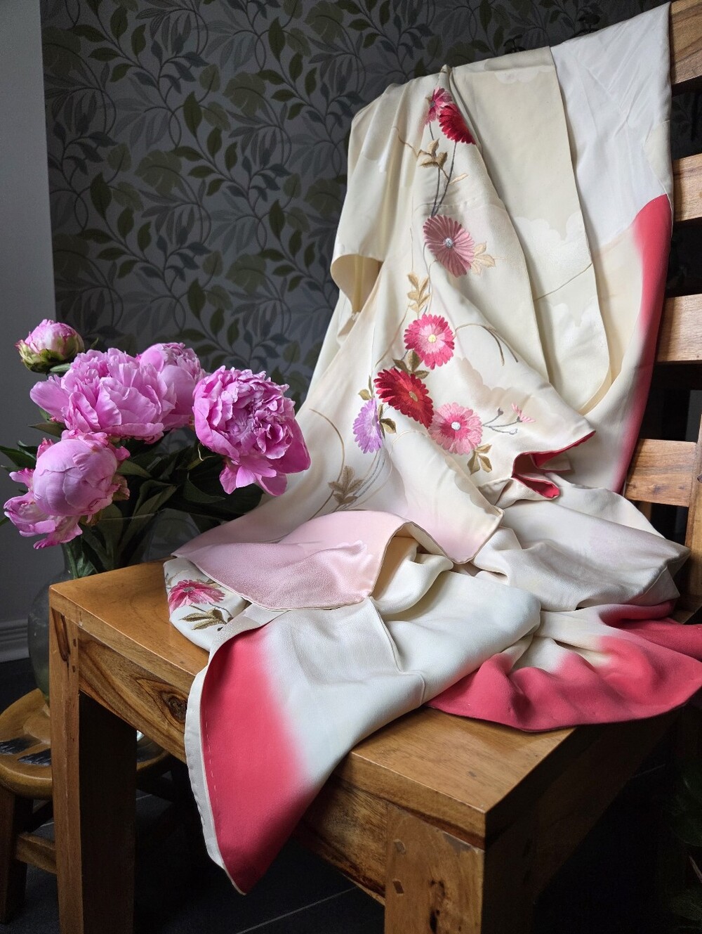 Vintage Silk Japanese Kimono | Ivory & Blush Floral Furisode Style